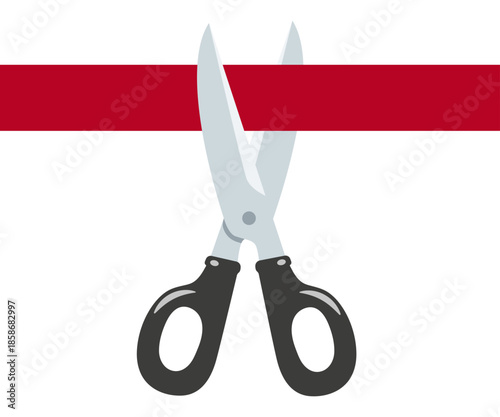 Scissors cuts red tape, grand opening ceremony, business launch celebration