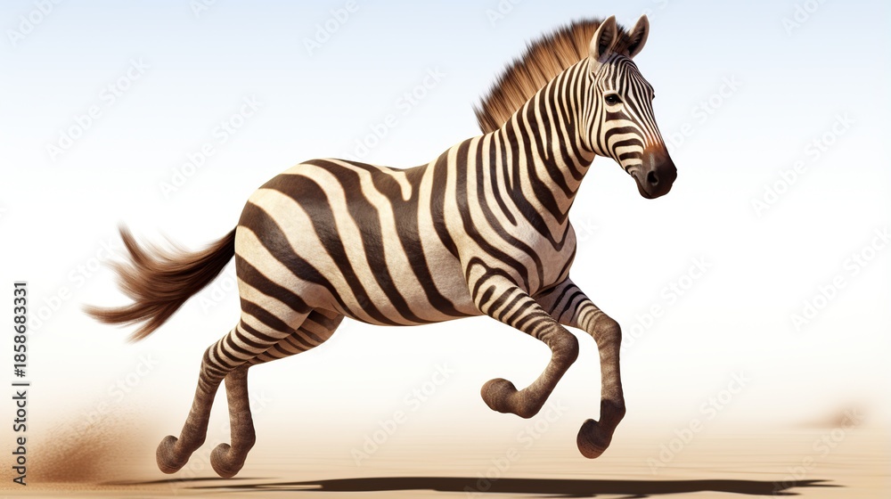Fototapeta premium Energetic Zebra in Striking Striped Coat Galloping Across Sandy Open Plain