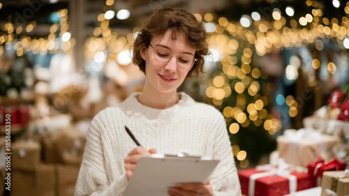 Wallpaper Mural 194Festive scene of a shopper holding a Christmas sale checklist, holiday lights reflecting on nearby shelves filled with toys and gifts, cozy store environment Torontodigital.ca