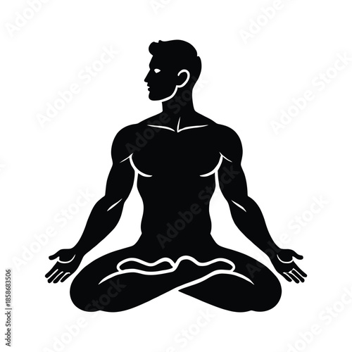Black silhouette of a man meditating in lotus pose on white background meditation yoga