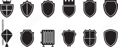 Collection of heraldic shields and crests in various shapes and designs