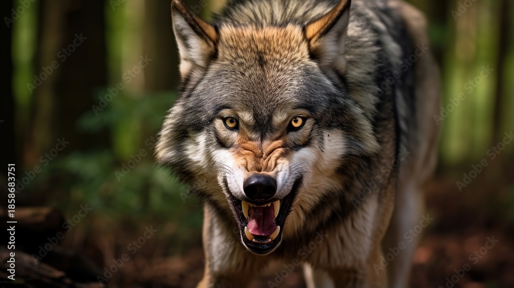 Fototapeta premium Ferocious gray wolf snarling fiercely in a sunlit forest setting with bared teeth