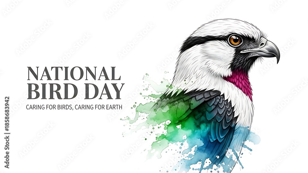 Fototapeta premium Striking watercolor illustration of a majestic bird’s head and shoulders celebrating national bird day awareness with vibrant green and blue color splashes representing earth conservation efforts.