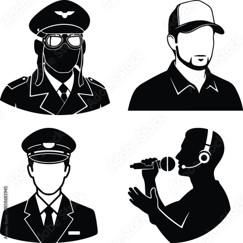 Four black and white illustrations of men in various occupations