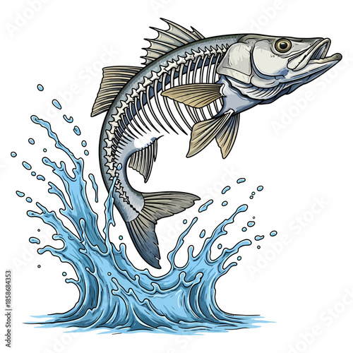 Jumping snook fish skeleton with blue water splash vector illustration
