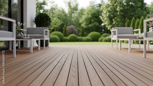 A serene outdoor patio with modern furniture on a wooden deck surrounded by lush greenery and manicured shrubs viewed from a low angle