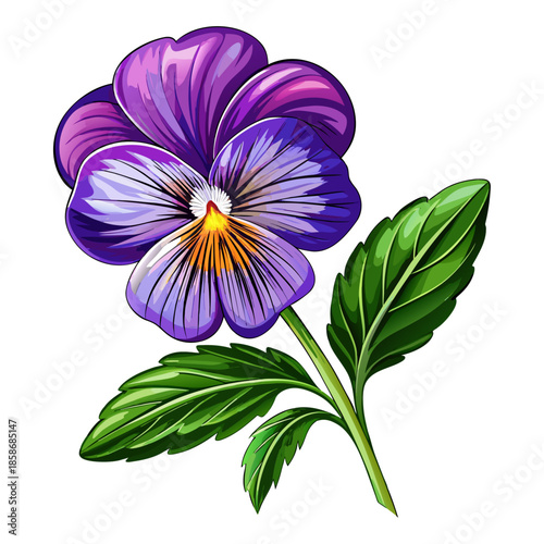 Purple Pansy Flower with Green Leaves and Stem Botanical Illustration
