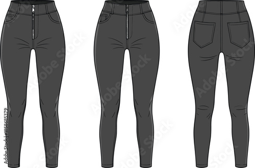Technical fashion sketch of high-waisted skinny jeans, front, 3/4, and back view, zipper closure, seam details, garment design vector illustration