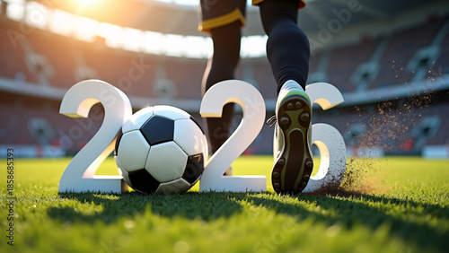 A soccer ball is poised between bold 