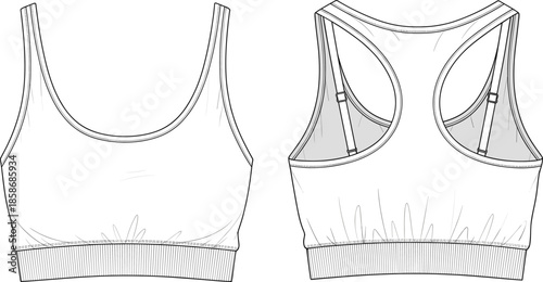 Women's sports bra technical fashion sketch, front and back view, racerback design, scoop neckline, vector illustration for activewear apparel design