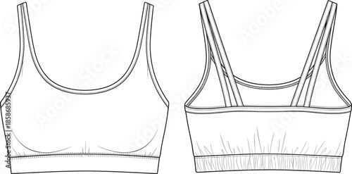 Women's sports bra technical sketch, front and back view, double strap design, scoop neckline, vector fashion illustration for activewear apparel design