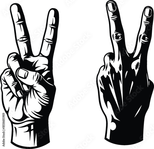 Black and White Hand Gesture Vector Illustration Set Showing the Peace or Victory Sign with Two Fingers, in Both Solid Silhouette and Detailed Line Art.