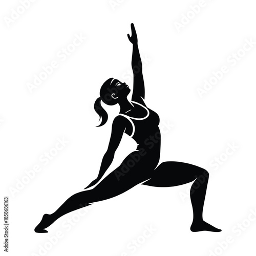Black silhouette of woman in yoga warrior pose on white background stretching