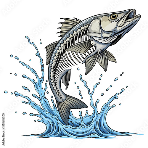 Jumping snook fish skeleton with blue water splash vector illustration