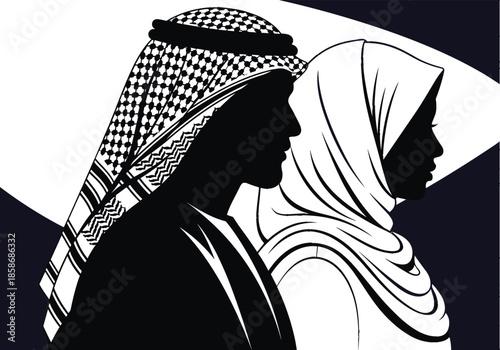 Black and White Silhouette Vector Illustration of an Arab Couple, with the Man Wearing a Shemagh Keffiyeh and the Woman Wearing a Hijab, Representing Middle Eastern Culture and Partnership.