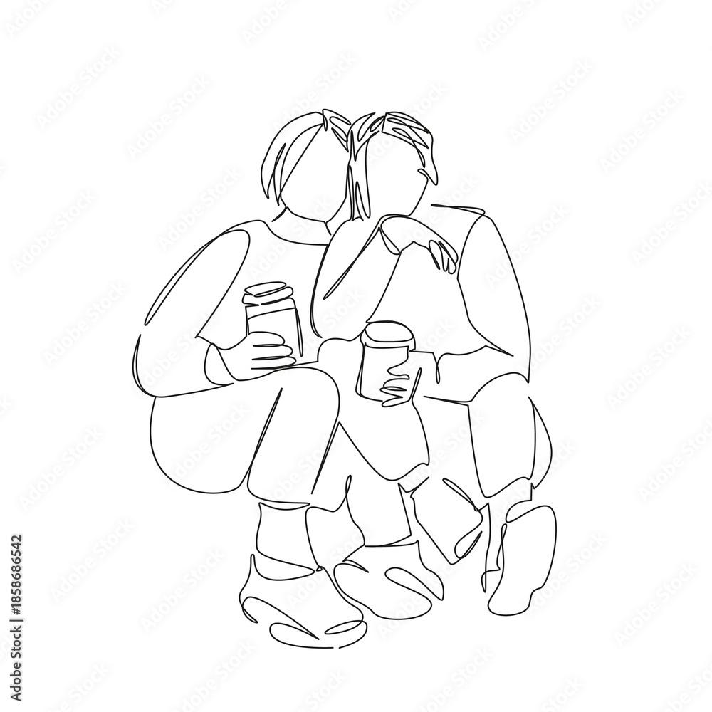 Fototapeta premium One continuous single drawing line art flat doodle woman, hot drink, friendship, 2, cafes, girlfriend, happy, drink. Isolated image hand draw contour on a white background, hand drawn, not AI