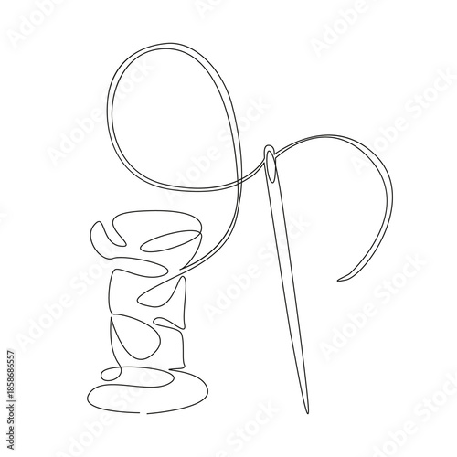 One continuous single drawing line art flat doodle thread, needle, sewing, needlecraft, hand-made, textile, craft. Isolated image hand draw contour on a white background, hand drawn, not AI