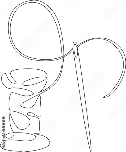 One continuous single drawing line art flat doodle thread, needle, sewing, needlecraft, hand-made, textile, craft. Isolated image hand draw contour on a white background, hand drawn, not AI