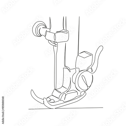 One continuous single drawing line art flat doodle closeup, needle, sewing, foot, detail, machine, equipment, hobby. Isolated image hand draw contour on a white background, hand drawn, not AI