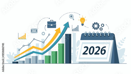 Flat lay illustration of a calendar showing 2026, surrounded by business and growth charts, icons, and graphs, symbolizing Evergreen New Year USA 2026 with a professional and optimistic