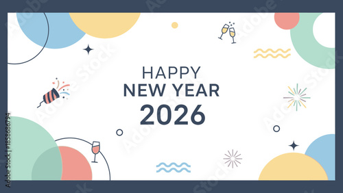 Colorful graphic design celebrating Evergreen New Year USA 2026 with festive shapes and party elements on a white background.