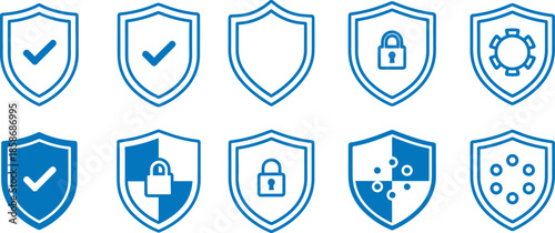 Collection of blue shield icons representing security and protection concepts