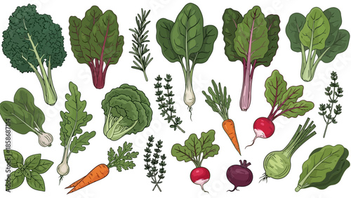 Assorted Vegetables and Leafy Greens in a Vibrant Illustration