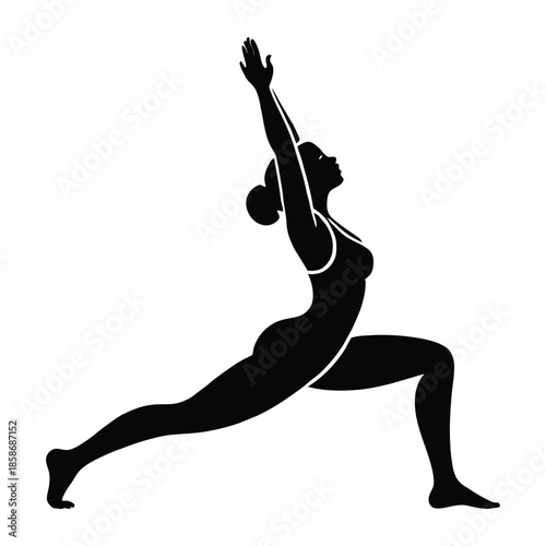Black silhouette of a woman in warrior one yoga pose asana