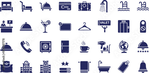 Collection of 32 dark blue hotel and hospitality related icons on white background