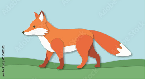 Charming Paper Cut Style Illustration of a Vibrant Orange Fox Standing on Green Rolling Hills Under a Clear Blue Sky
