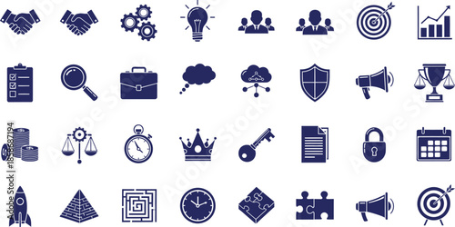 Collection of various business and technology icons in blue on a white background