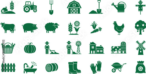 Collection of green farm and gardening icons on white background