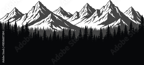 Black and white mountain range silhouette with coniferous pine forest isolated on white background, majestic peak icons for outdoor adventure and nature.