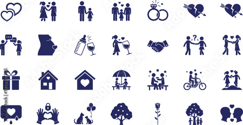 Collection of 28 blue silhouette icons depicting love relationships and life events