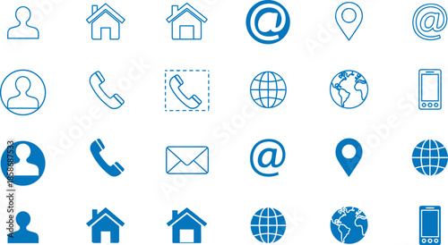 Collection of various icons representing communication location and social media concepts in blue and black line art