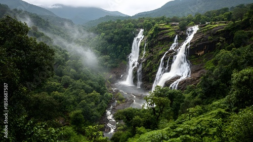 Majestic Jog Falls Cascading Through Lush Green Western Ghats India.
