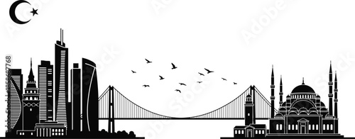 Black Istanbul city skyline silhouette with mosque and bridge isolated on white background, Turkey travel landmark icons for middle east architecture design.