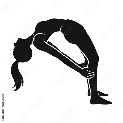 Black silhouette of a woman performing a yoga backbend pose vector