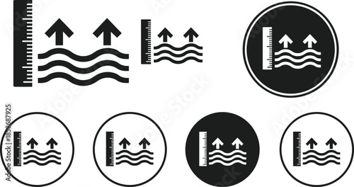 Black sea level rise icons with ruler and wave arrows isolated on white background, climate change icons for global warming and environment.
