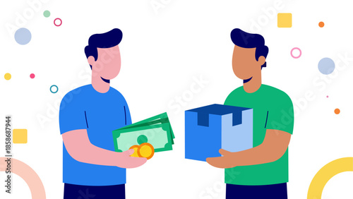 Modern Trade Concept Illustration with People Exchanging Money and Product