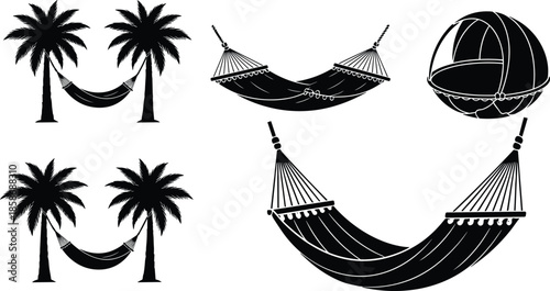 Black silhouette of hammocks hanging between palm trees and garden swing chair icons set isolated on white background for summer vacation travel.