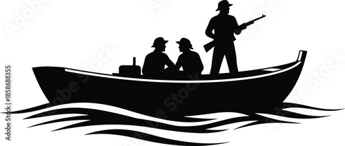 Black silhouette of hunters in a boat on waves with rifle isolated on white background, outdoor hunting expedition icon for nautical design.