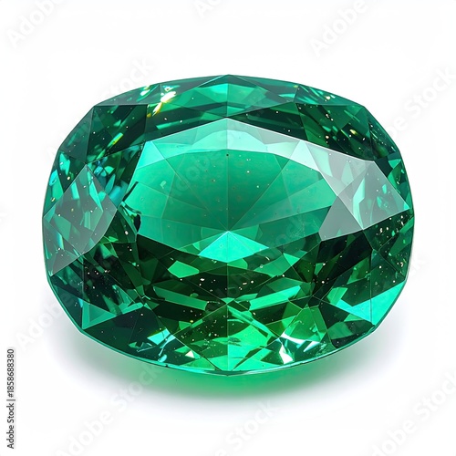 Oval-cut, faceted gemstone, emerald green hue, shining