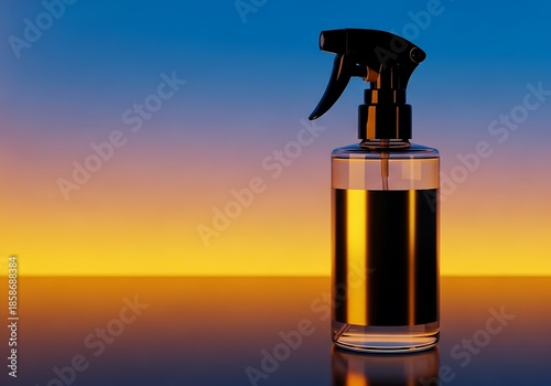 Modern Clear Spray Bottle with Golden Liquid Against a Gradient-Lit Background