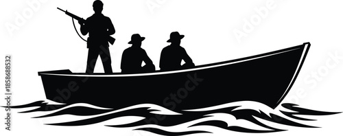 Black silhouette of hunters in a boat on waves with a rifle isolated on white background, outdoor hunting expedition icon for nautical design.
