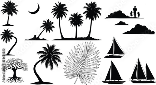 Black tropical silhouettes set with palm trees, sailboats, family on beach, moon, clouds and palm leaf isolated on white background for summer design.