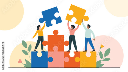 Teamwork puzzle illustration with people assembling jigsaw pieces, collaboration cooperation and problem solving concept isolated on white background