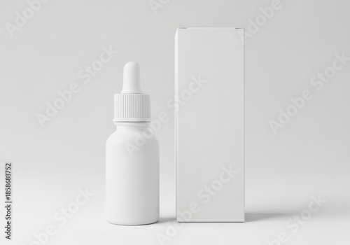Minimalist white dropper bottle and tall box packaging isolated on white background