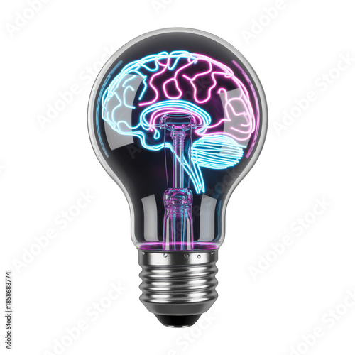 A futuristic L E D light bulb with a glowing brain inside it in neon colors on a transparent background black background isolated on a transparent background