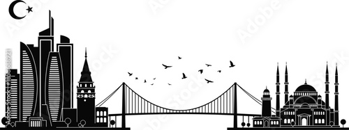 Istanbul Turkey city skyline silhouette featuring Bosphorus Bridge Galata Tower Blue Mosque and modern skyscrapers under crescent moon isolated on white background panorama.